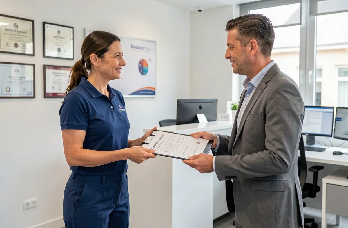 Diagnostiqueure EX'IM Bordeaux remettant un rapport de diagnostic immobilier complet à un client dans les bureaux modernes de l'entreprise à Bordeaux