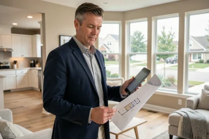 Expert immobilier tenant une tablette et un plan de sol lors d'une évaluation immobilière dans un salon moderne