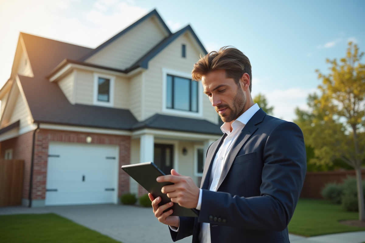 Expert immobilier inspectant une maison avec tablette en extérieur