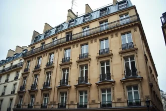 Façade d'immeuble haussmannien parisien avec balcons en fer forgé et moulures en pierre calcaire, vue depuis la rue