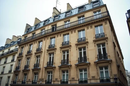 Façade d'immeuble haussmannien parisien avec balcons en fer forgé et moulures en pierre calcaire, vue depuis la rue
