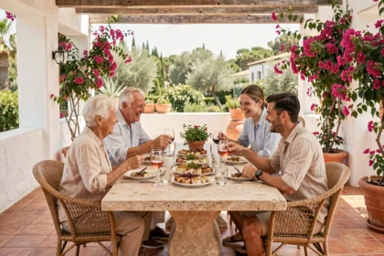 Famille multigénérationnelle partageant un repas sur la terrasse d'une villa de luxe à Ibiza avec vue sur un jardin méditerranéen