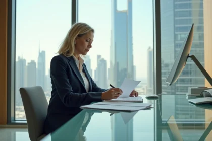 Femme d'affaires travaillant dans un bureau moderne de la tour Almas Tower à JLT Dubai avec vue sur les gratte-ciels du DMCC