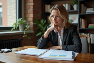 Femme d'affaires réfléchie examinant documents immobiliers
