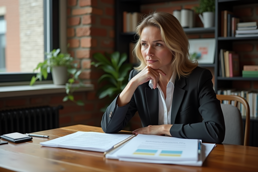 Femme d'affaires réfléchie examinant documents immobiliers