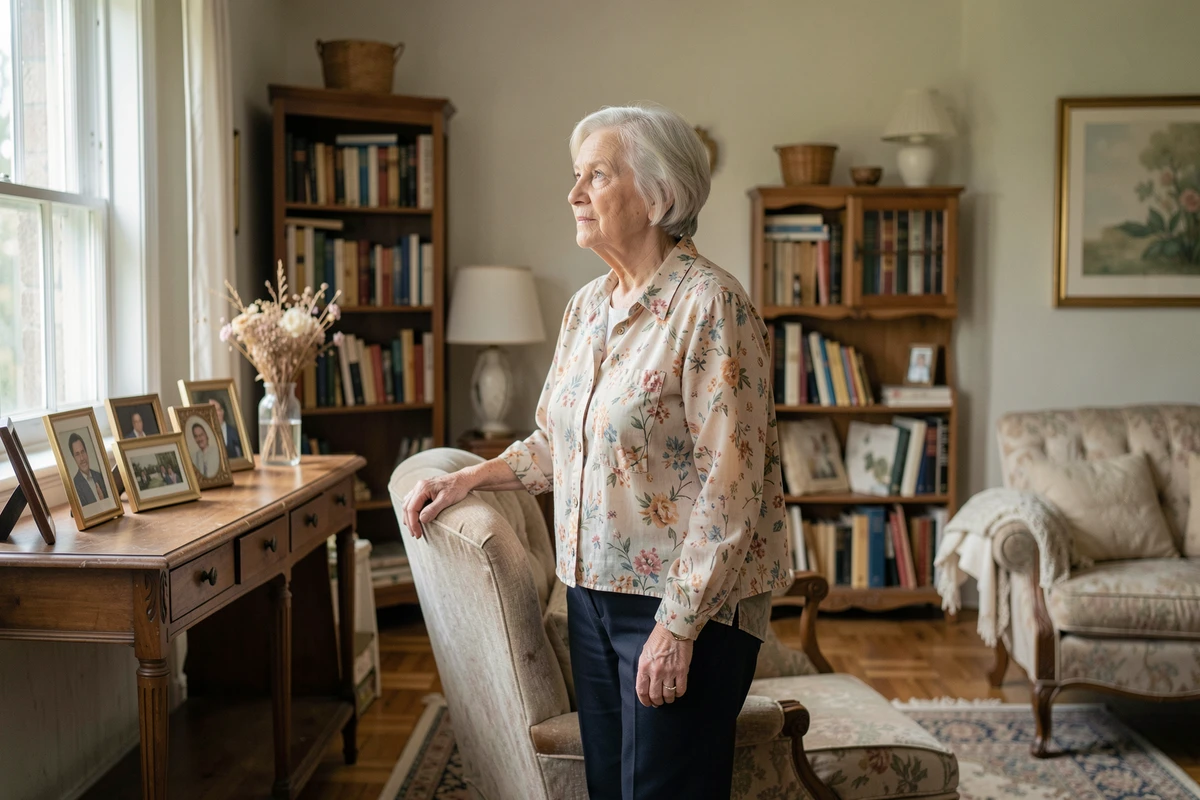Femme âgée dans son salon familial symbolisant la protection du conjoint survivant et le droit à la résidence principale