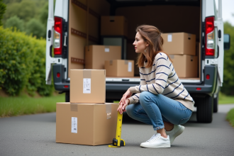 Jeune femme avec ruban à mesurer près d’un camion de déménagement