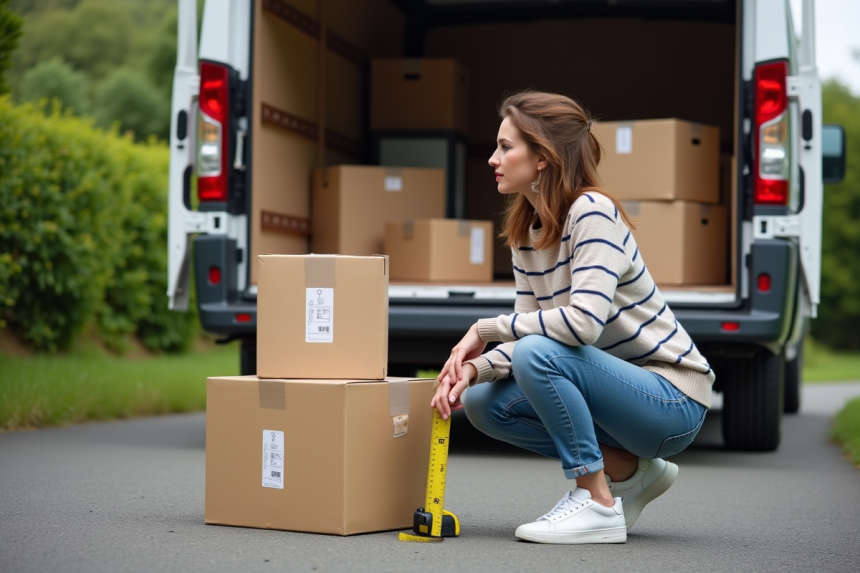 Jeune femme avec ruban à mesurer près d’un camion de déménagement