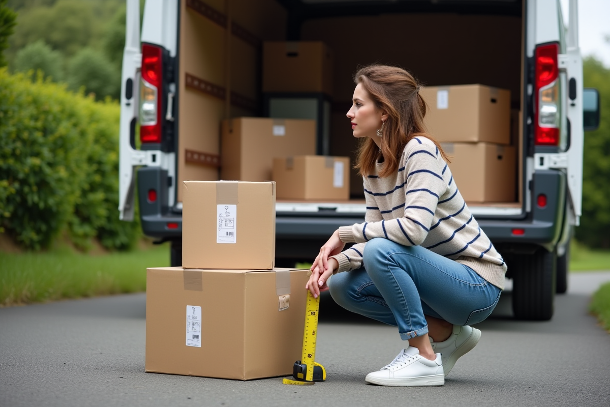 Jeune femme avec ruban à mesurer près d’un camion de déménagement