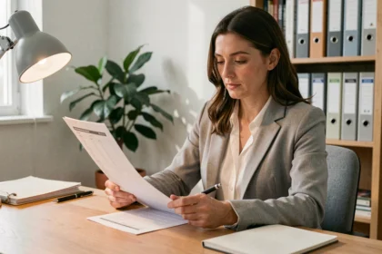 Femme consultant une annonce immobilière de location dans le Bas-Rhin pour négocier son loyer