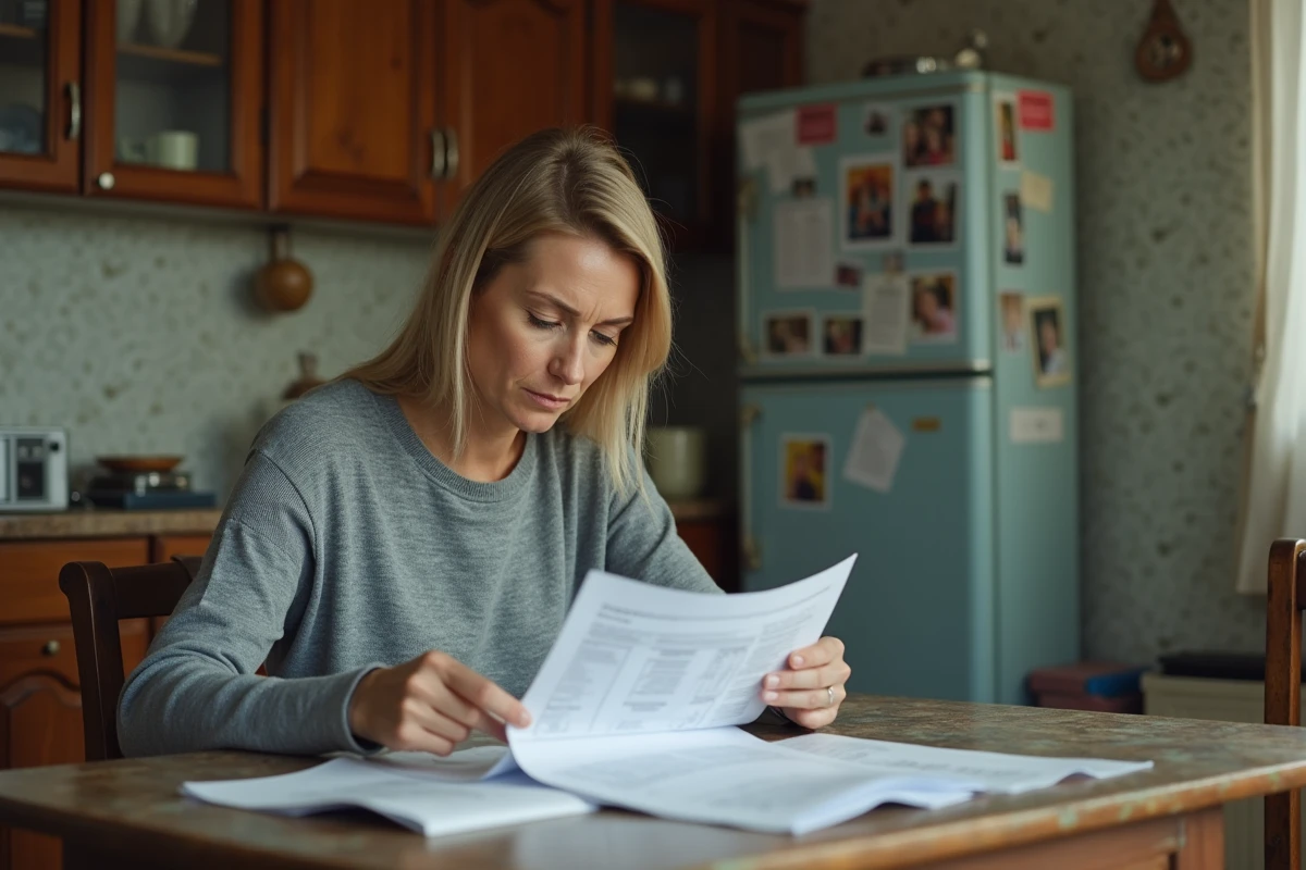 Femme en cuisine examinant des factures en difficulté