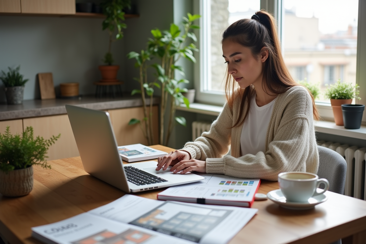 Jeune femme calcule des chiffres dans une cuisine lumineuse