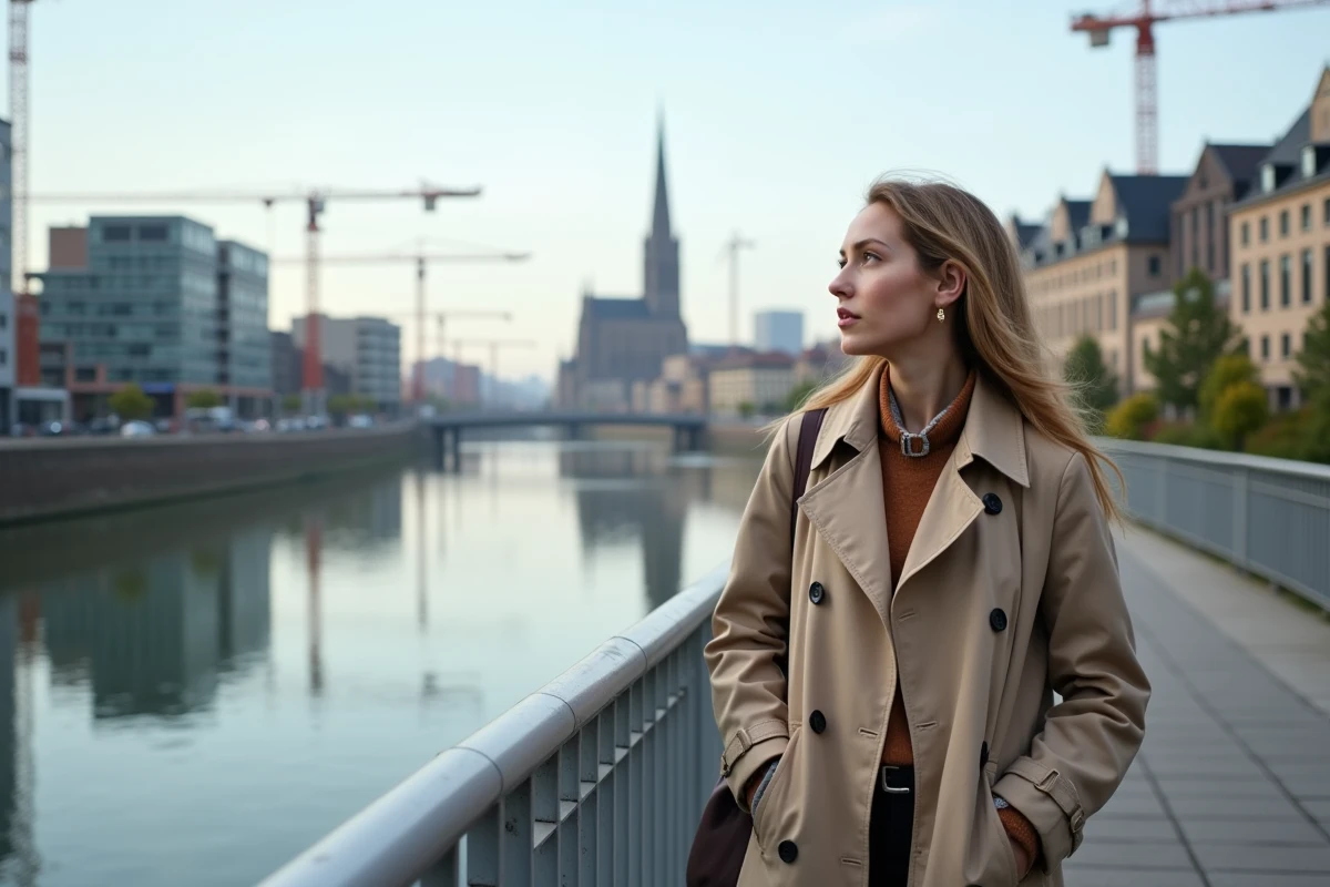 Femme observant les nouveaux chantiers immobiliers au bord de la Moselle à Metz