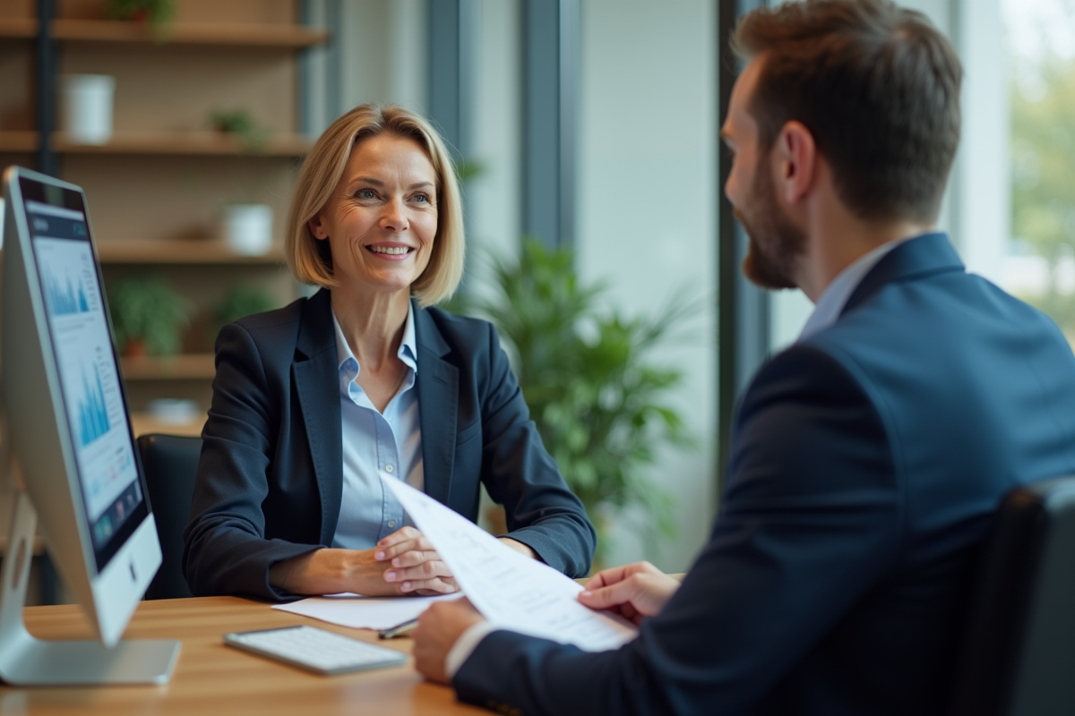 Femme d age mûr discutant avec conseiller bancaire en bureau