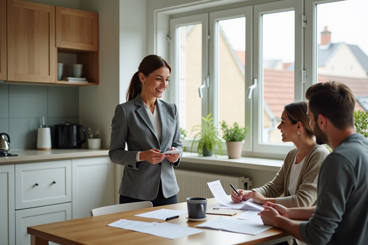 Femme conseillère immobilière souriante avec un couple à la maison