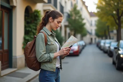 Femme regardant une carte sur son smartphone dans la rue