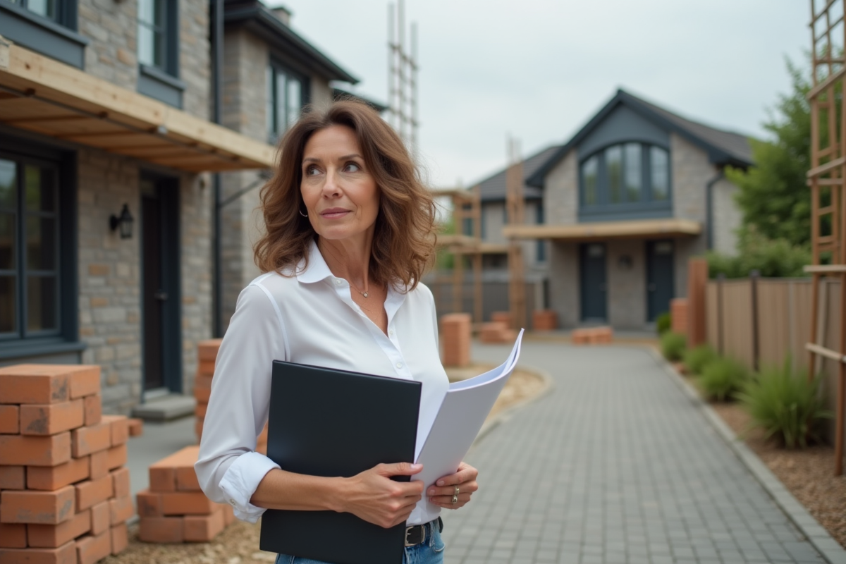 Femme tenant un contrat devant une maison en construction dans la nature