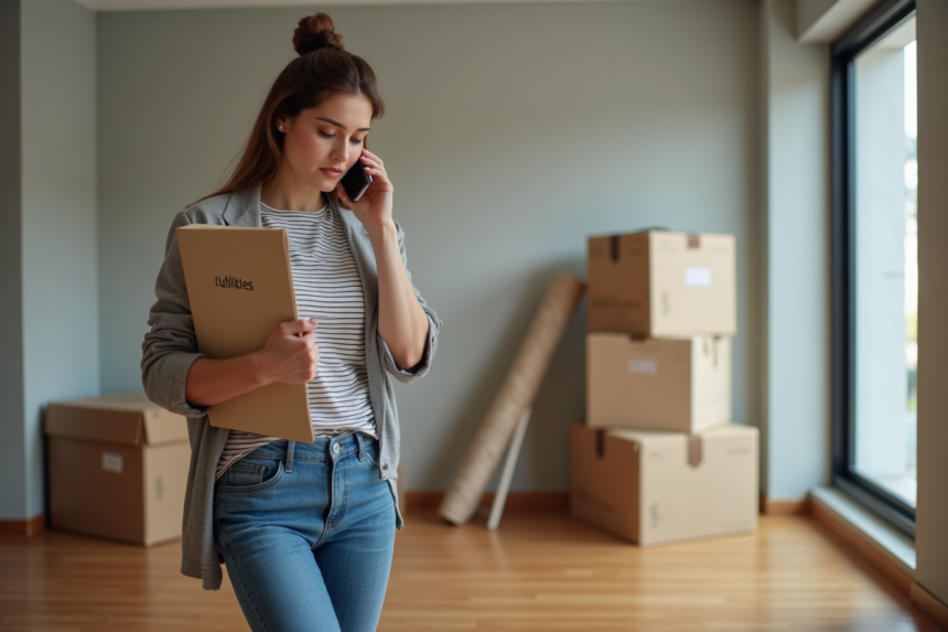 Femme organisée avec dossier utilities lors d'un déménagement