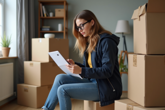 Jeune femme en jeans et veste regardant ses documents lors d'un déménagement