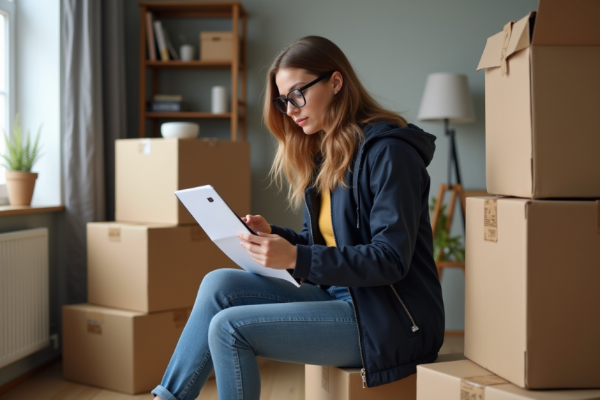 Jeune femme en jeans et veste regardant ses documents lors d'un déménagement