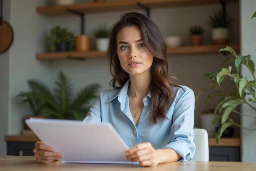 Femme déterminée avec dossier juridique dans un appartement moderne