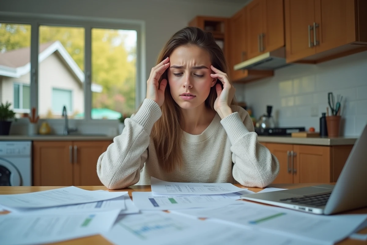 Jeune femme inquiète avec papiers immobilier dans cuisine