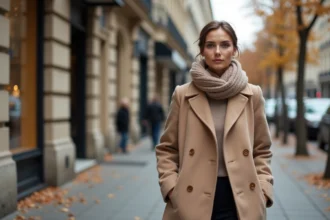 Femme élégante se promenant sur un boulevard haussmannien du 16e arrondissement de Paris en automne