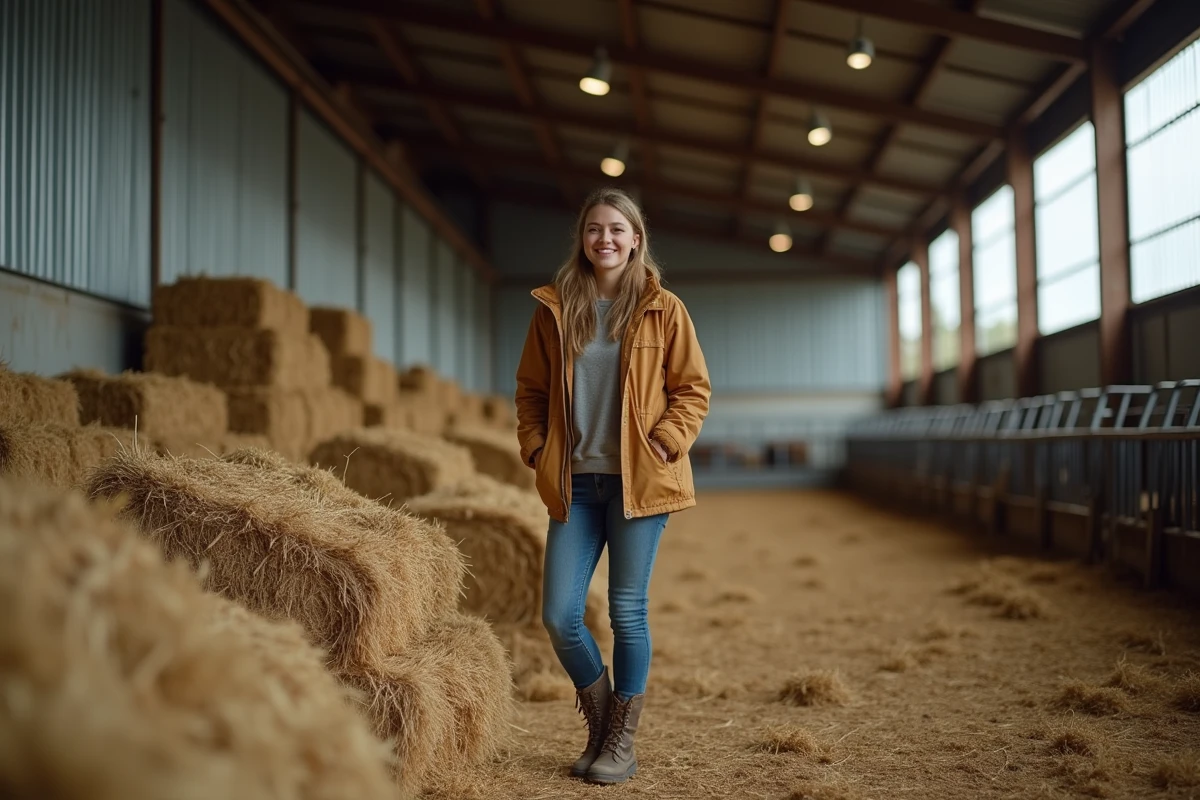 Jeune femme fermière vérifiant balles de fourrage
