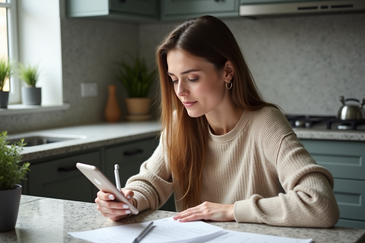Femme remplissant un formulaire dans une cuisine moderne
