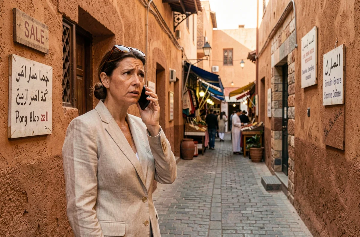 Femme française devant une maison à vendre dans la médina de Marrakech