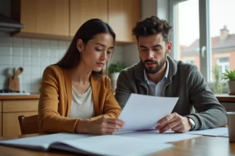 Femme et jeune homme discutant de documents à la maison