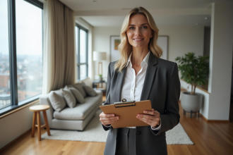 Femme d'affaires tenant un dossier immobilier dans un salon moderne