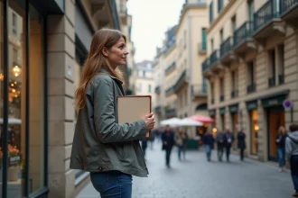 Femme d'âge moyen avec dossier immobilier devant façade historique