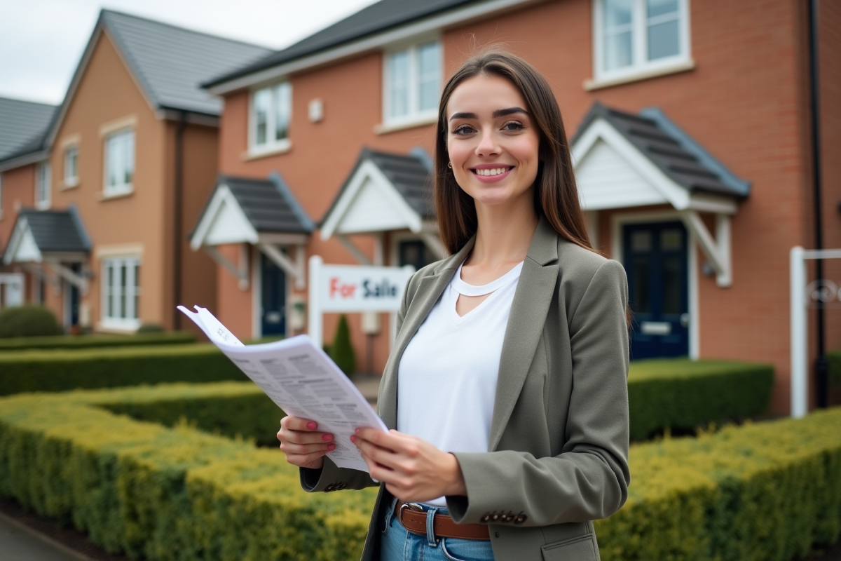 Jeune femme tenant un dossier de biens devant une maison en vente