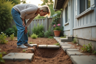 Femme inquiète dans son jardin en sécheresse