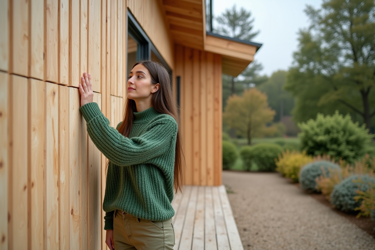 Jeune femme touchant isolation en fibre de bois neuve