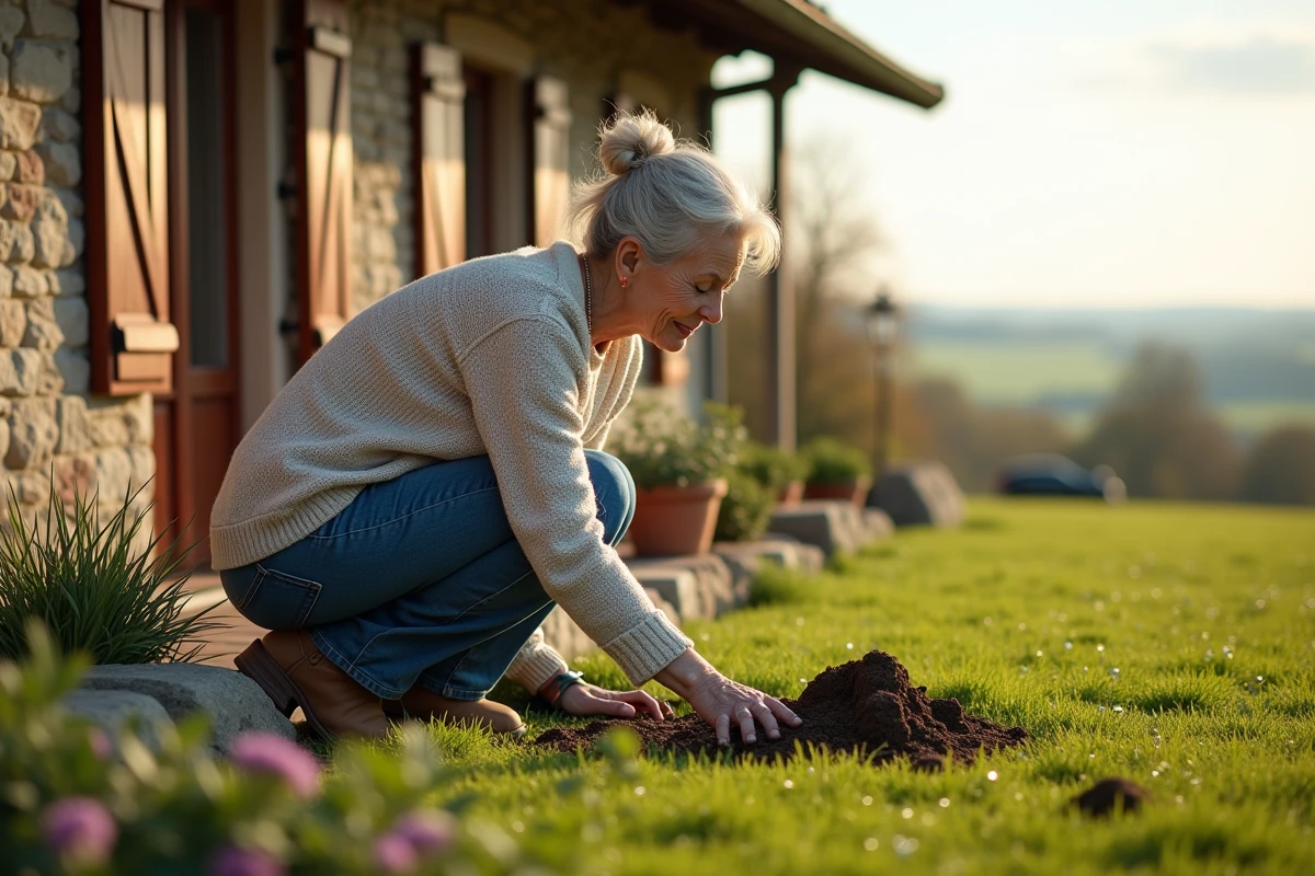 Femme âgée plantant des fleurs dans un jardin rural paisible