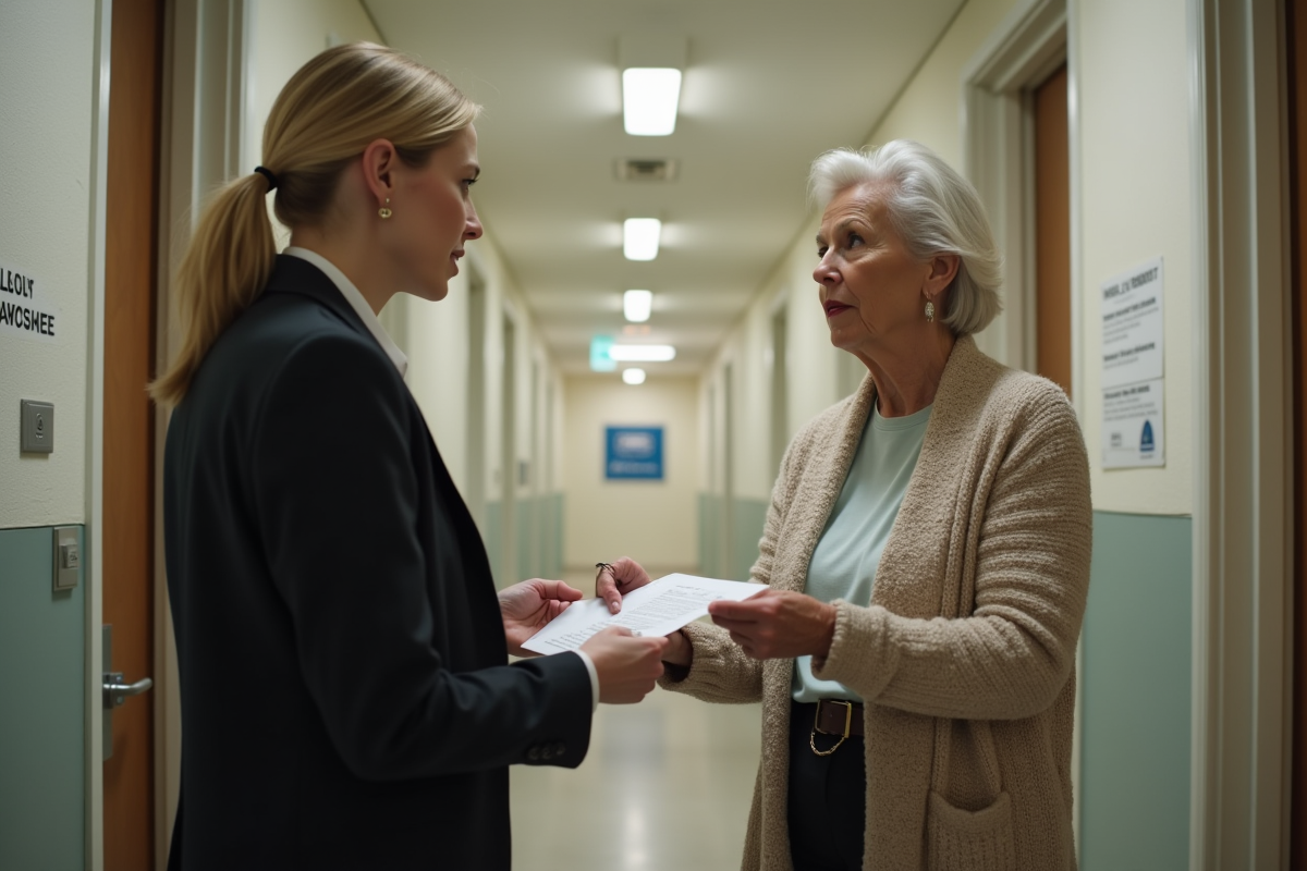 Jeune femme remettant lettre à une personne âgée dans l