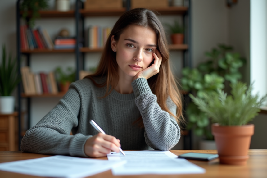 Jeune femme lisant un document d'assurance à la maison