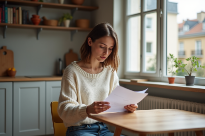 Jeune femme lisant un document d'assurance habitation dans un appartement parisien