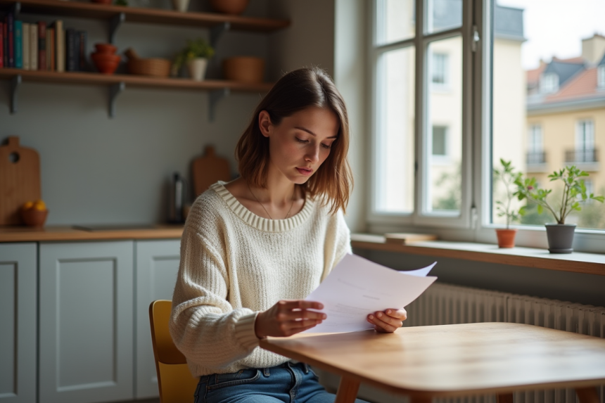 Jeune femme lisant un document d'assurance habitation dans un appartement parisien