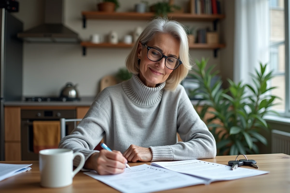 Femme lisant attentivement des documents immobiliers à domicile, démarche de vérification avant signature avec le formulaire 3233-SD