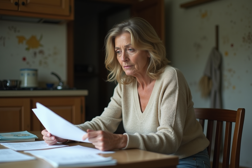 Femme d'âge moyen dans une cuisine modeste lit en revue des papiers