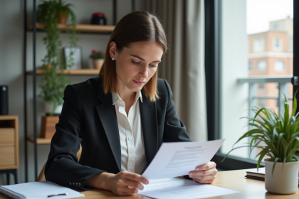 Femme en costume examinant un contrat de location dans un appartement moderne