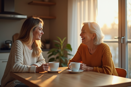 Femme et mère partageant un café dans une cuisine chaleureuse