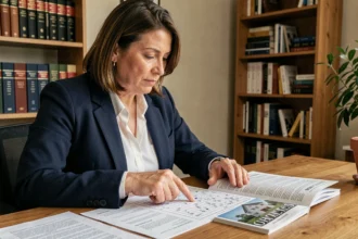 Femme consultant un magazine de mots croisés avec des documents immobiliers sur un bureau en bois, illustrant la recherche de la réponse à un mot croisé sur la loi Duflot