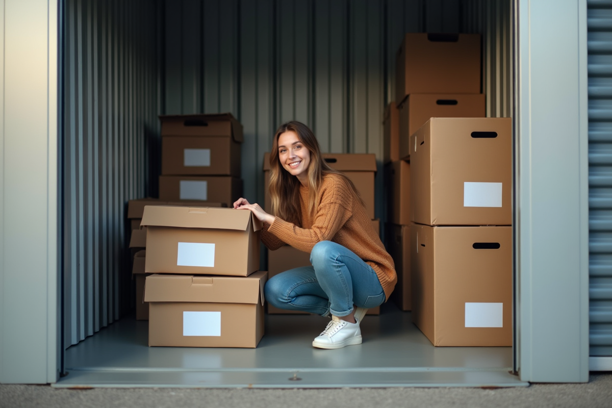Femme organisant des boîtes dans un espace de stockage