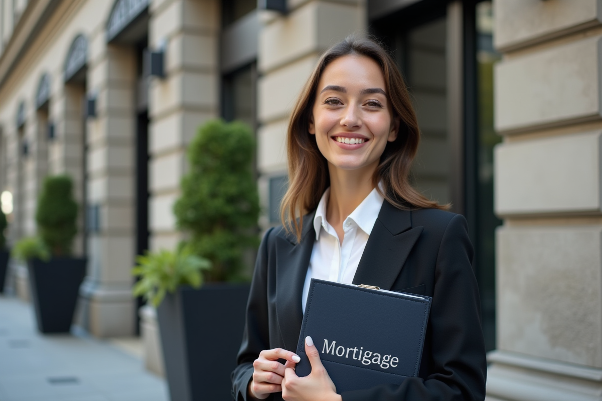 Jeune femme confiante tenant un dossier de prêt immobilier