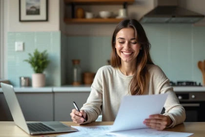 Femme souriante vérifiant documents de prêt immobilier