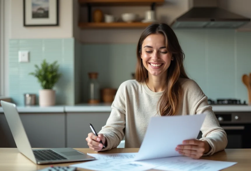Femme souriante vérifiant documents de prêt immobilier